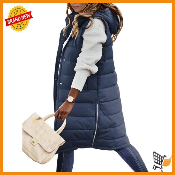 Jackets & Blazers - Plus Size Long Puffer Vest Hooded Sleeveless Quilted Winter Jacket